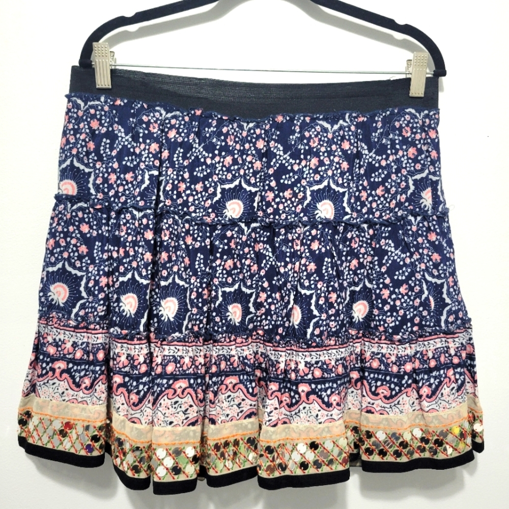 Free People Sequin Ruffled Mini Skirt Flared Cotton Blend Floral Lined